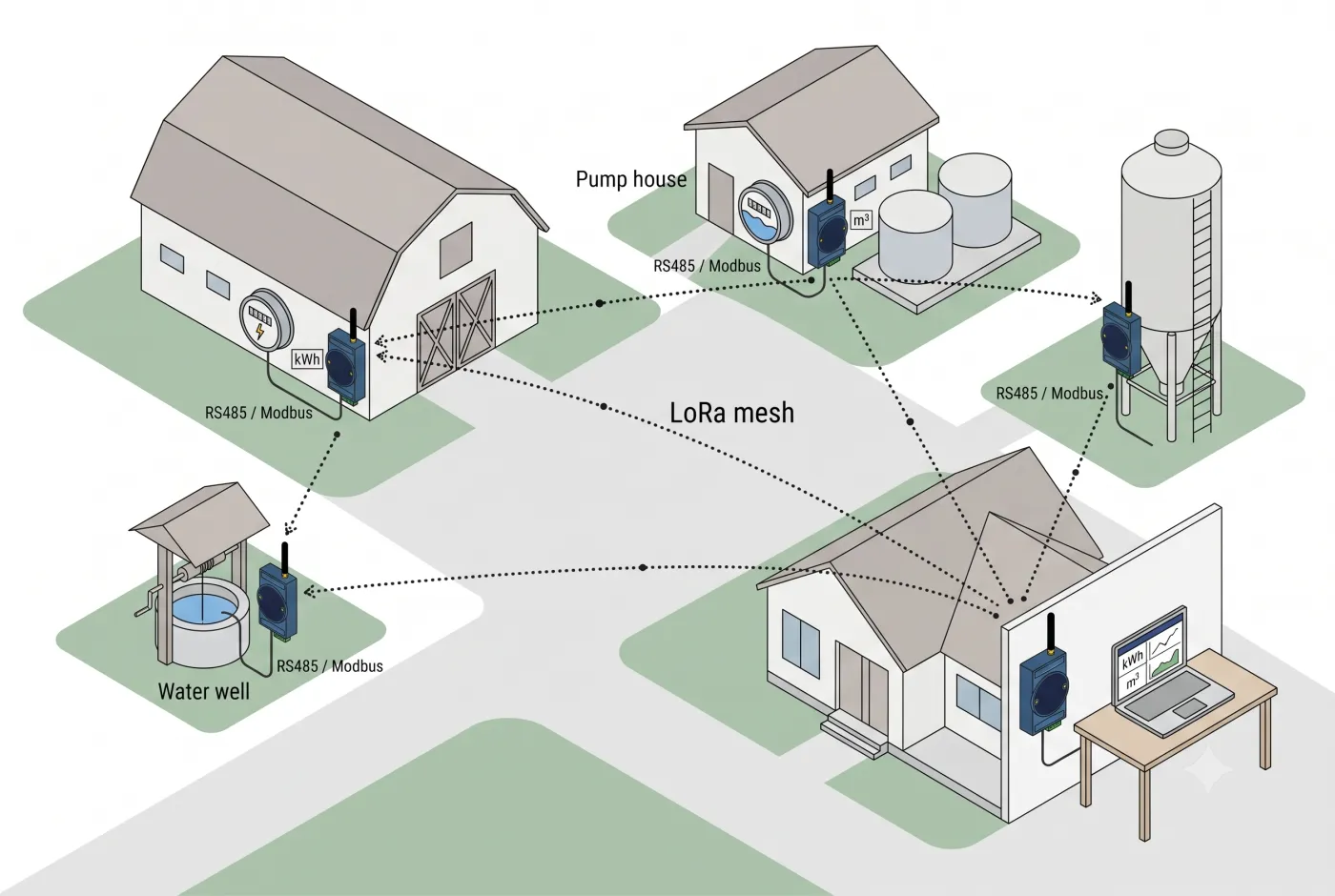 Diagram: meters across a farm collected over a self-healing LoRa mesh